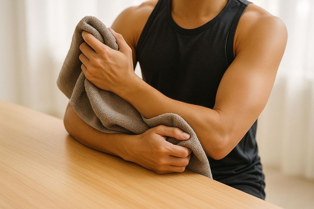 A person in a black tank top is applying a warm, grey compress to their forearm while resting their elbow on a light wooden table.