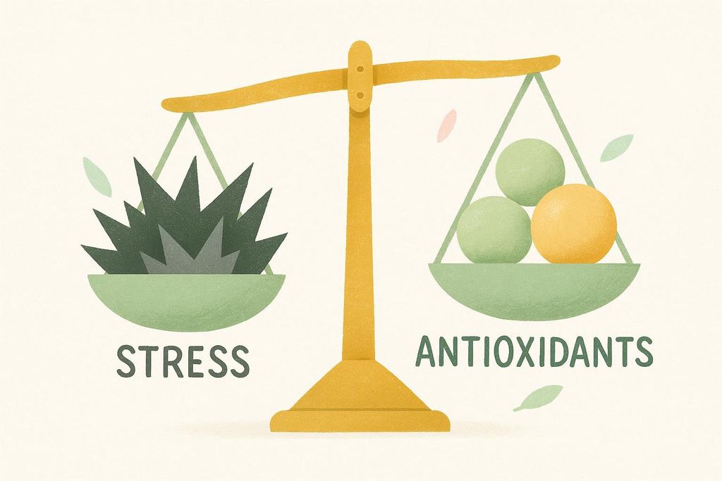 An illustration of a balance scale. On the left, a pan labeled 'STRESS' holds dark green spiky shapes, weighing it down. On the right, a pan labeled 'ANTIOXIDANTS' holds three round, smooth green and orange shapes, which are currently lighter and elevated. This conveys the idea of balancing stress with antioxidants.
