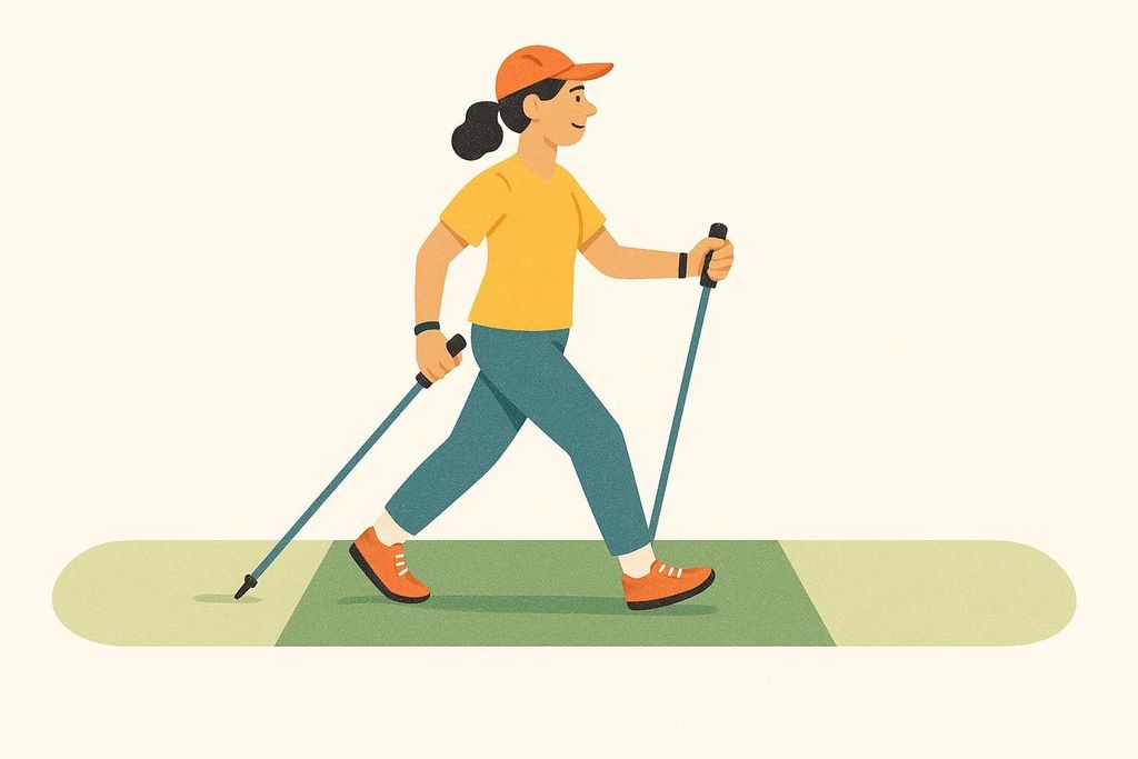 An illustration of a person Nordic walking on a color-coded path, representing the warm-up, main set, and cool-down phases of a workout.