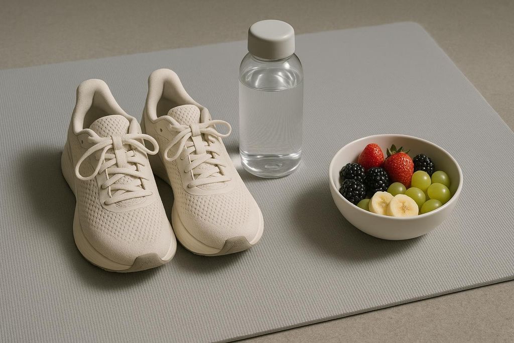 Running shoes, water, and fresh fruit illustrating the daily variables that shift body weight.