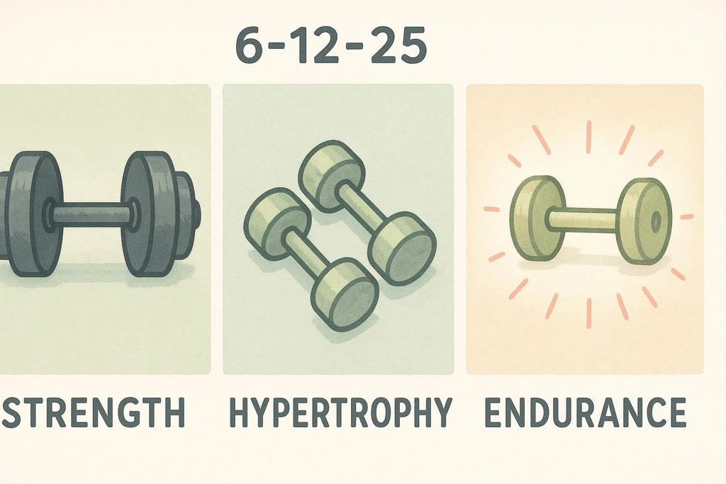 An illustration showing the three components of the 6-12-25 workout: strength, with a single heavy dumbbell; hypertrophy, with two lighter dumbbells; and endurance, with a light dumbbell radiating lines, all clearly labeled with dumbbell icons.