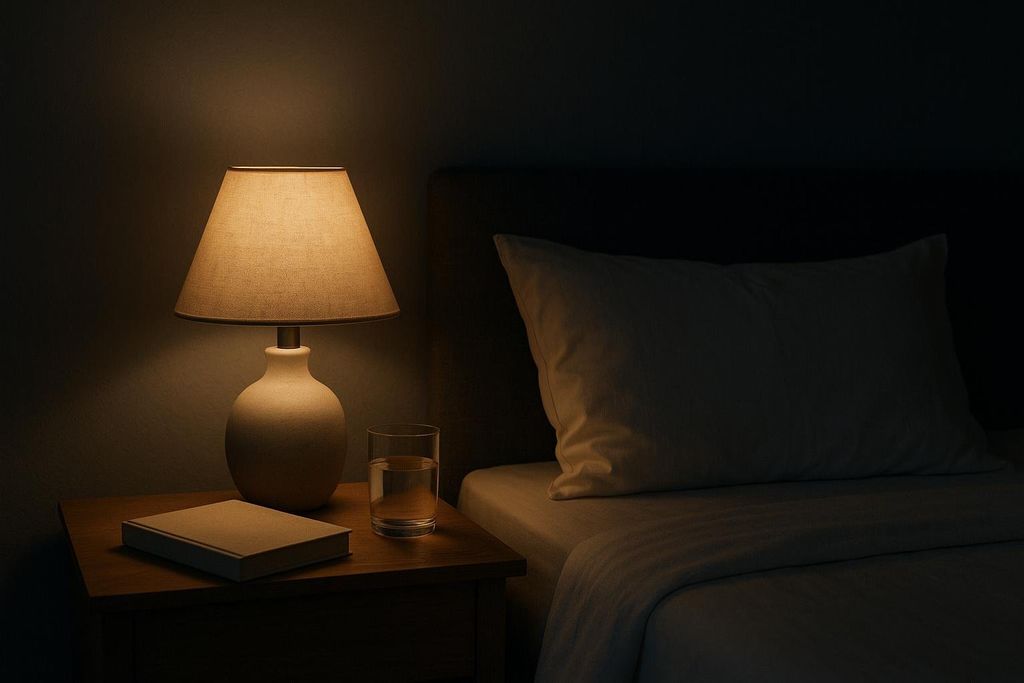 A warm lamp illuminates a bedside table with a book and glass of water next to a bed and pillow, creating a calming atmosphere.
