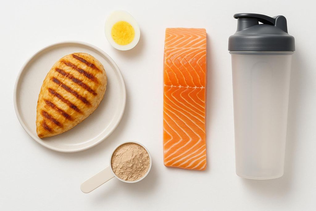 A variety of protein-rich foods including a grilled chicken breast on a plate, half of a boiled egg, a raw salmon fillet, a scoop of protein powder, and a protein shaker bottle, all laid out on a white background. These items are essential for muscle growth.