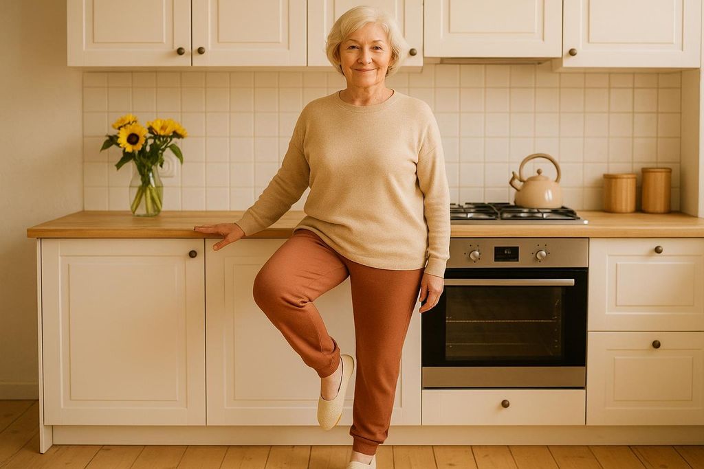 A smiling senior woman with short white hair practices a supported single-leg standing balance exercise in her kitchen, holding onto a counter for stability. She is wearing a beige sweater and rust-colored pants.