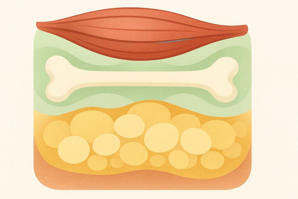 An abstract illustration depicting layers of human body composition. From top to bottom: reddish muscle tissue, a white bone, light green connective tissue, and a golden layer representing fat cells.