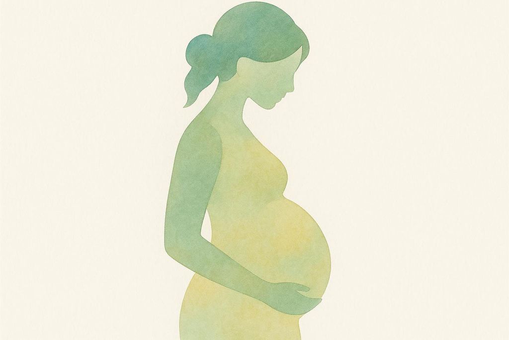 A stylized watercolor silhouette of a pregnant woman in shades of green and yellow, looking down at her belly with her hands gently touching it. The background is a plain, light, warm off-white.