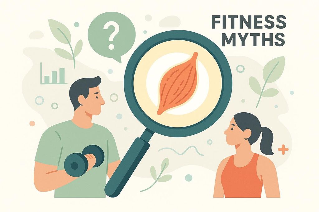 An illustration depicting a man and woman. The man is holding a dumbbell and looking towards a large magnifying glass that is examining a stylized muscle icon. Above the man's head is a thought bubble with a question mark. To the right, the text 'FITNESS MYTHS' is displayed. The woman is also looking towards the magnifying glass.