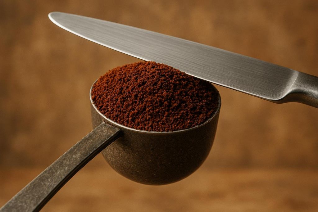A coffee scoop being leveled off to verify a precise amount.