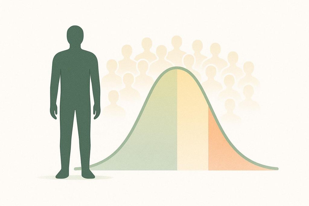 Illustration of a person compared against a population distribution curve, representing contextualized DEXA results.