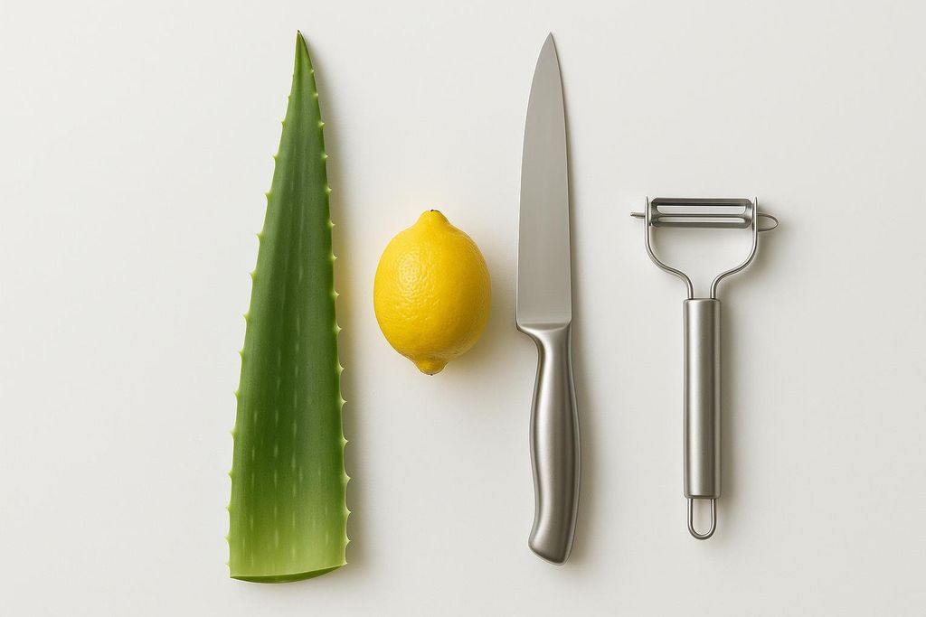 An aloe vera leaf, a whole lemon, a kitchen knife, and a vegetable peeler are arranged side-by-side on a white surface, viewed from directly above. These are ingredients and tools for making aloe juice.