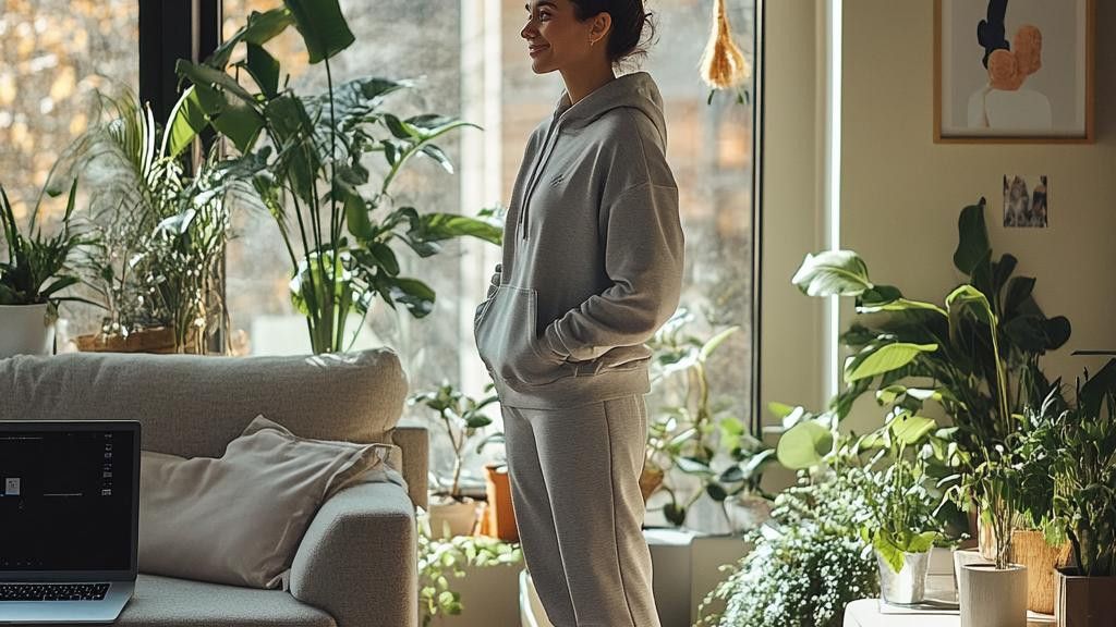 A woman wearing a grey hooded sweatshirt and sweatpants stands near a window in a sunlit room filled with houseplants.