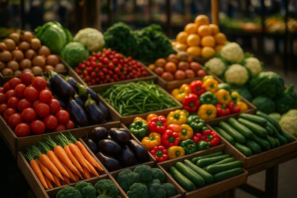 A vibrant selection of fresh vegetables and fruits displayed in wooden crates at a market, including tomatoes, eggplants, carrots, bell peppers, and cucumbers.