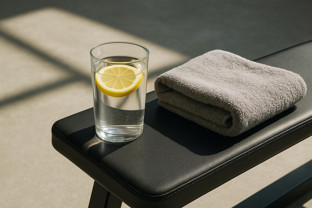 A glass of water with a lemon slice and a folded gray towel rest on a black gym bench. Sunlight casts shadows on the floor and bench.