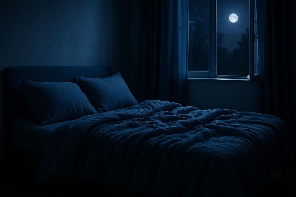 A dimly lit bedroom at night, with a bed made with dark blue sheets and pillows, and moonlight shining through an open window.
