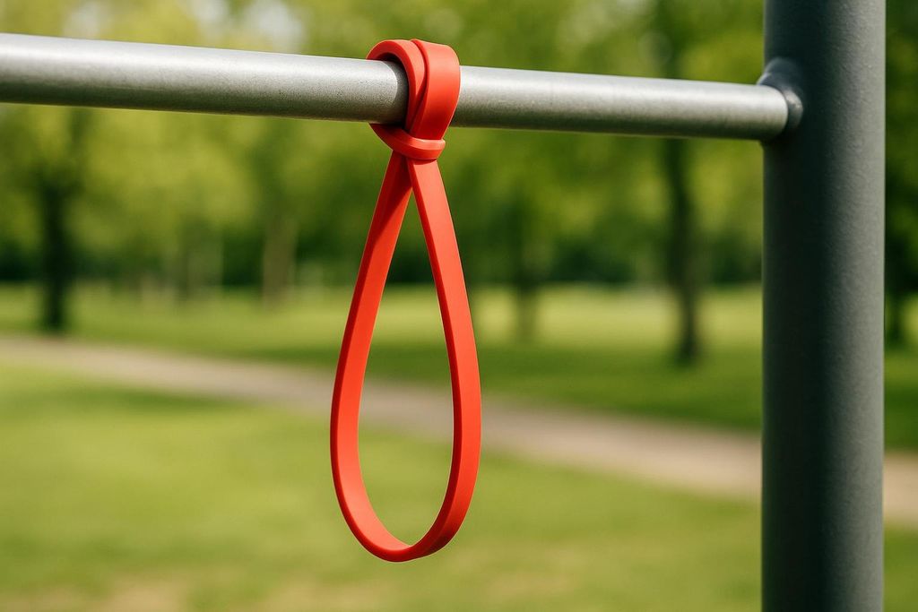 A close-up shot of a red resistance band tied around a grey metal pull-up bar in an outdoor park. Lush green grass and trees are blurred in the background.