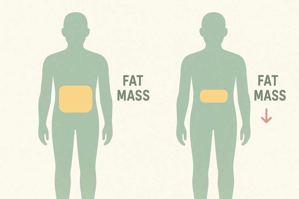 A simple diagram showing two human silhouettes. The left silhouette has a larger yellow rectangle representing fat mass, labeled 'FAT MASS'. The right silhouette has a smaller yellow rectangle, also labeled 'FAT MASS', with a red downward-pointing arrow indicating a reduction in fat mass.