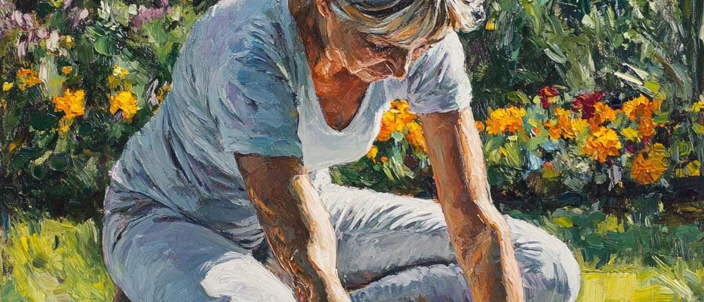 An oil painting of a woman in a white shirt and pants kneeling in a sunny garden, surrounded by green foliage and vibrant orange and purple flowers.