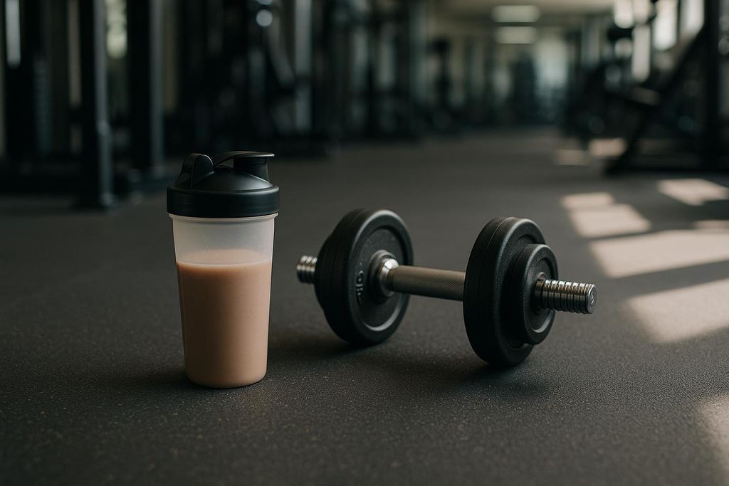 Protein shaker bottle next to dumbbells on a gym floor