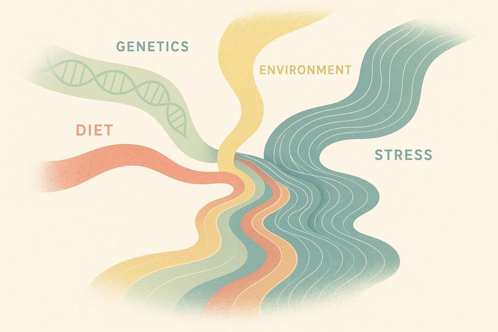 An abstract illustration depicting four wavy, colored streams labeled 'GENETICS' (green with DNA helix), 'DIET' (orange), 'ENVIRONMENT' (yellow), and 'STRESS' (blue with wavy lines). The streams converge into a wider, multi-colored river, symbolizing the multiple factors contributing to a complex issue like obesity.