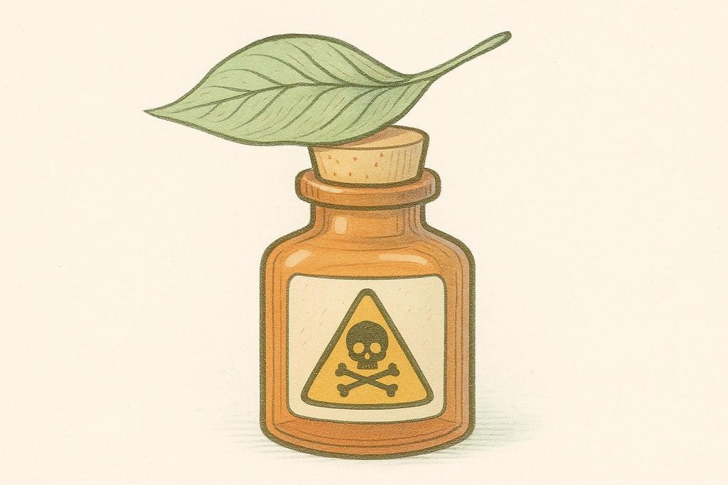 An illustration of a small brown bottle with a cork stopper, topped with a green leaf. The bottle has a label with a yellow triangle and a black skull and crossbones symbol.
