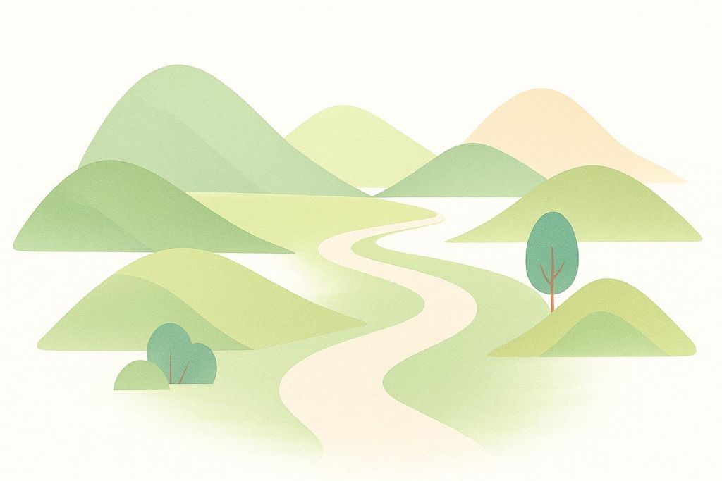 An abstract landscape illustration featuring soft green and yellow hills, with a light-colored winding pathway through the center. A single stylized green tree and a small cluster of bushes are visible among the hills.