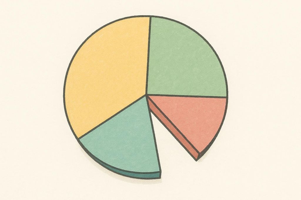 A hand-drawn style pie chart illustrating a breakdown with four unequal sections in yellow, green, teal, and red, one of which is slightly separated.