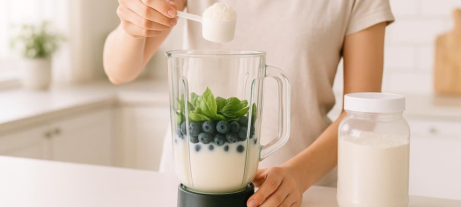 A person holds a scoop of white protein powder over a blender. The blender contains milk, blueberries, and spinach, ready to be blended into a healthy shake. Next to the blender is a large clear jar filled with more milk.