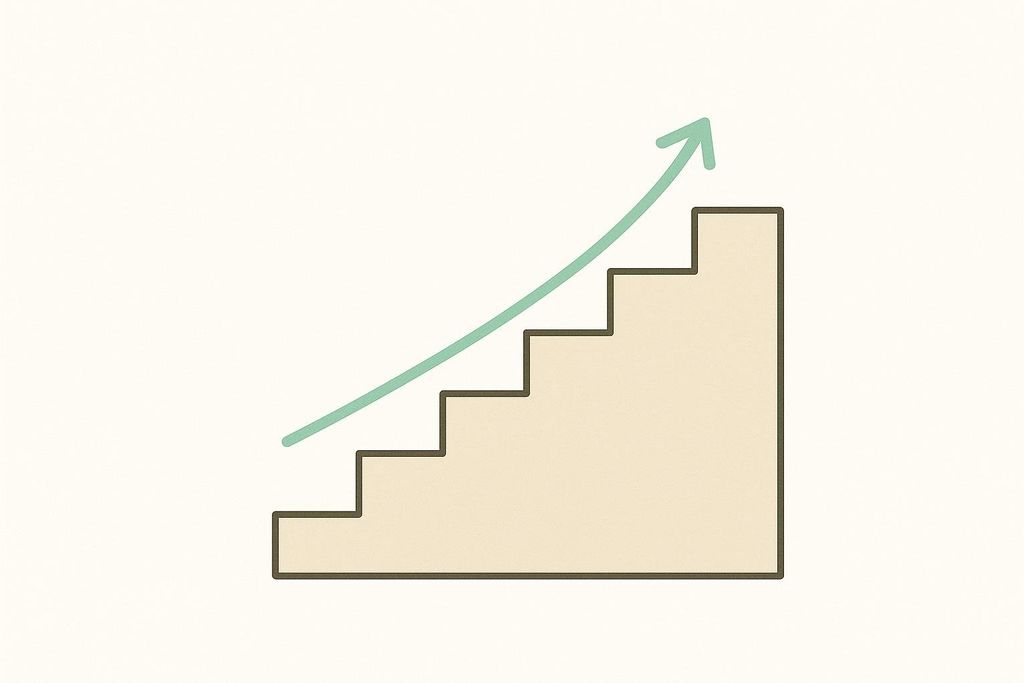 A stylized illustration of a staircase with six steps, accompanied by a green arrow arching upwards over the steps. This represents a gradual increase or ramp-up, such as a six-week dosing schedule.
