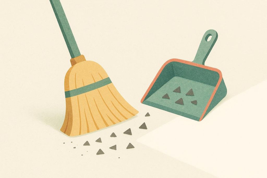 An illustration of a broom sweeping small triangular debris into a dustpan. The image symbolizes a cleaning process.