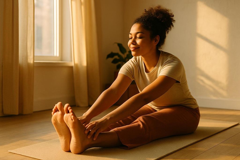 Person relaxing and stretching legs in morning sunlight.
