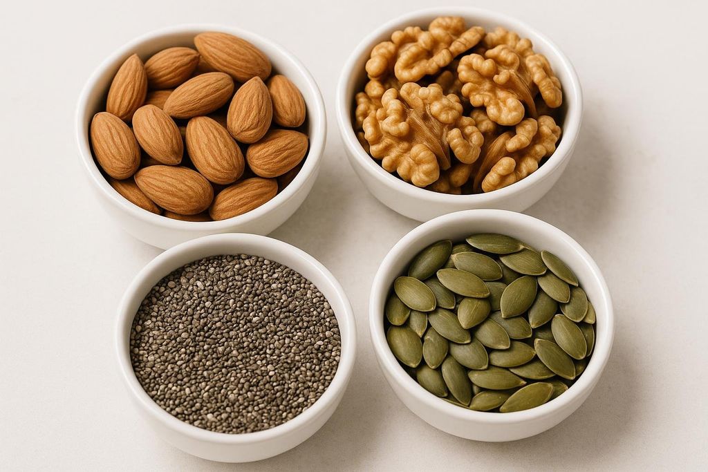 Four small white bowls filled with different healthy ingredients. The top left bowl contains almonds, the top right contains walnuts, the bottom left contains tiny chia seeds, and the bottom right contains green pumpkin seeds, arranged on a light-colored surface.