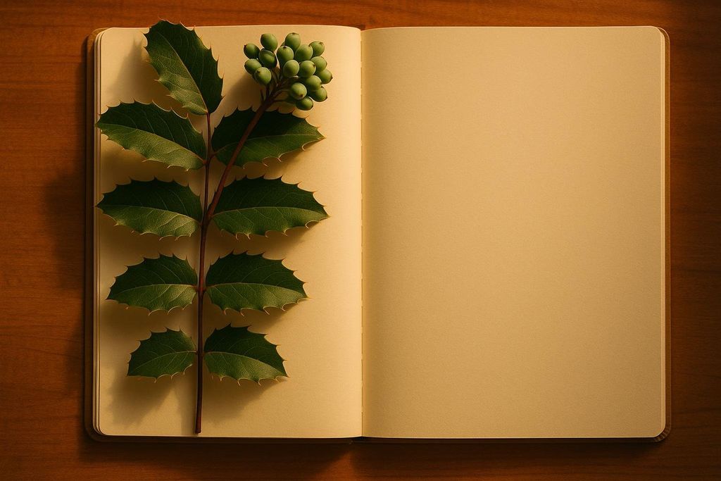 A sprig of Oregon grape leaves and green berries rests on a blank, open notebook, suggesting nature studies or journaling.