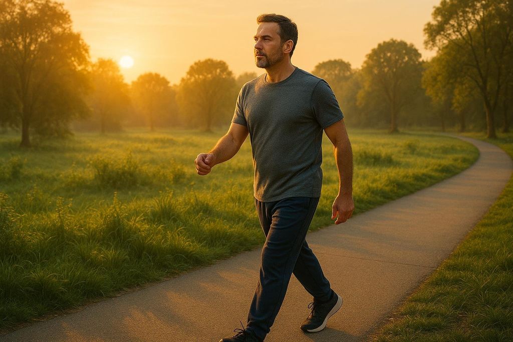 A man in his 40s walking along a curving path in a park at sunset, representing a fundamental exercise for reducing visceral fat.