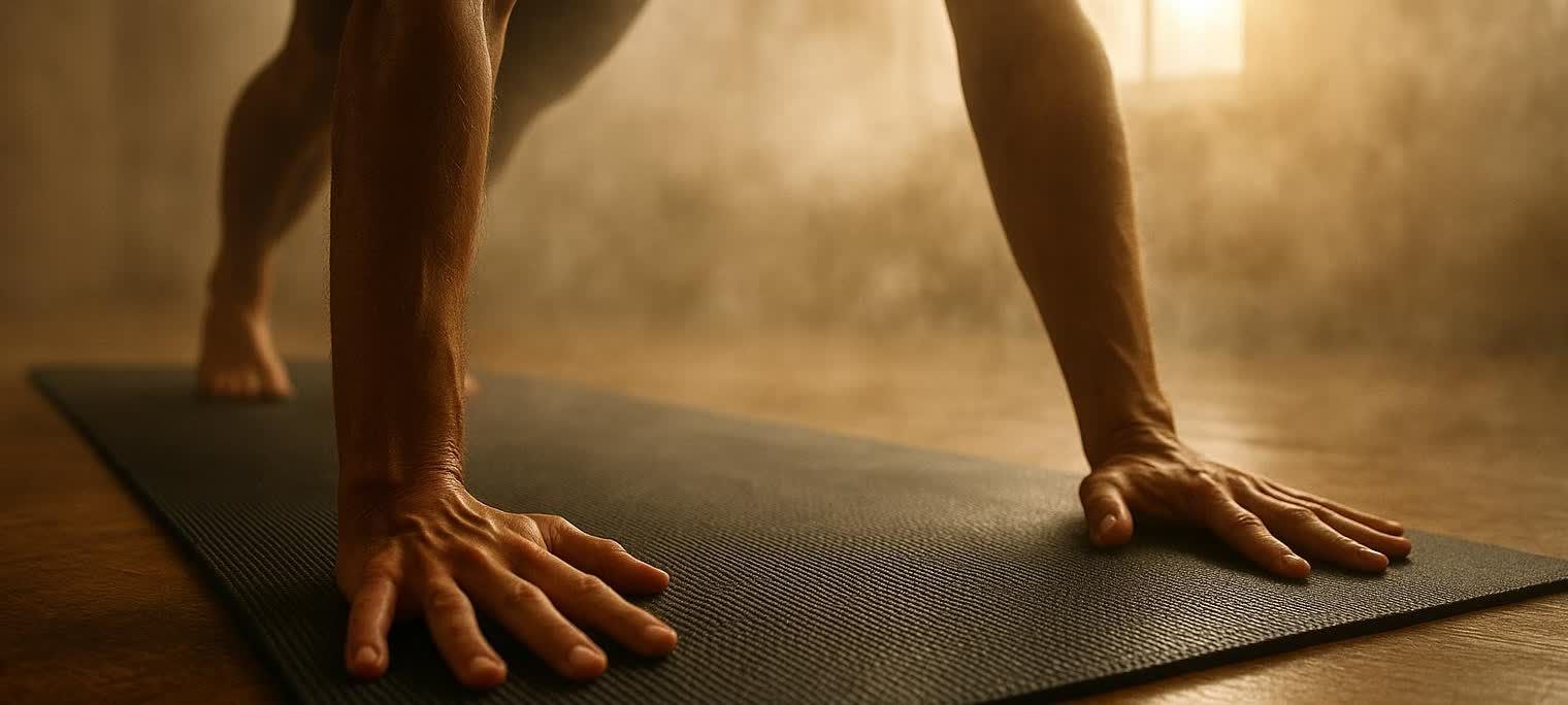 A person holds a downward dog pose on a yoga mat in a hot, steamy room, demonstrating the mat's excellent grip. The close-up shot focuses on their hands gripping the mat and their feet in the background.