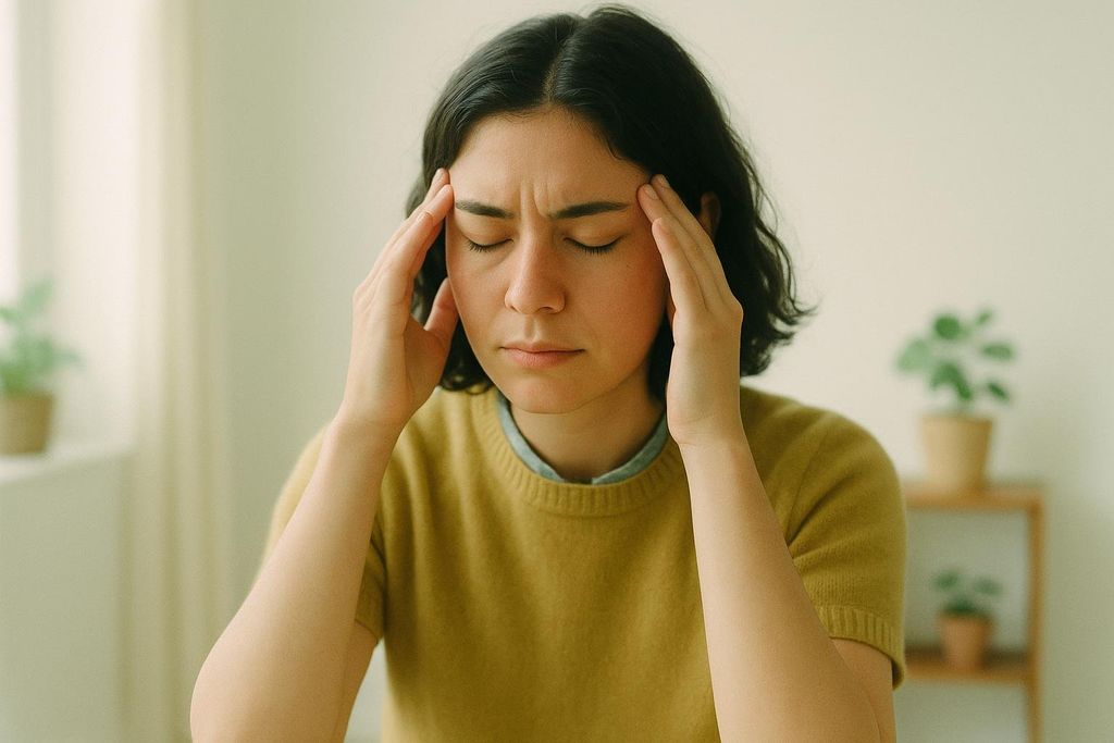 A young person with short, dark hair, wearing a mustard yellow top, pinches their temples with both hands, eyes closed and brows furrowed, indicating a headache or stress. There are potted plants in the background.