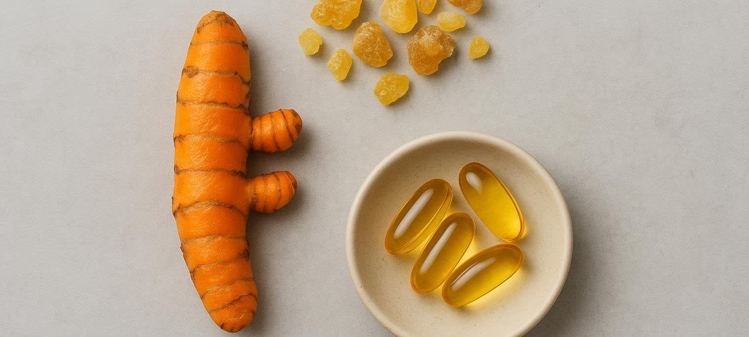 A flat lay showcasing natural joint supplement ingredients: a large turmeric root, several pieces of Boswellia resin, and a small bowl holding four golden omega-3 capsules on a light gray background.