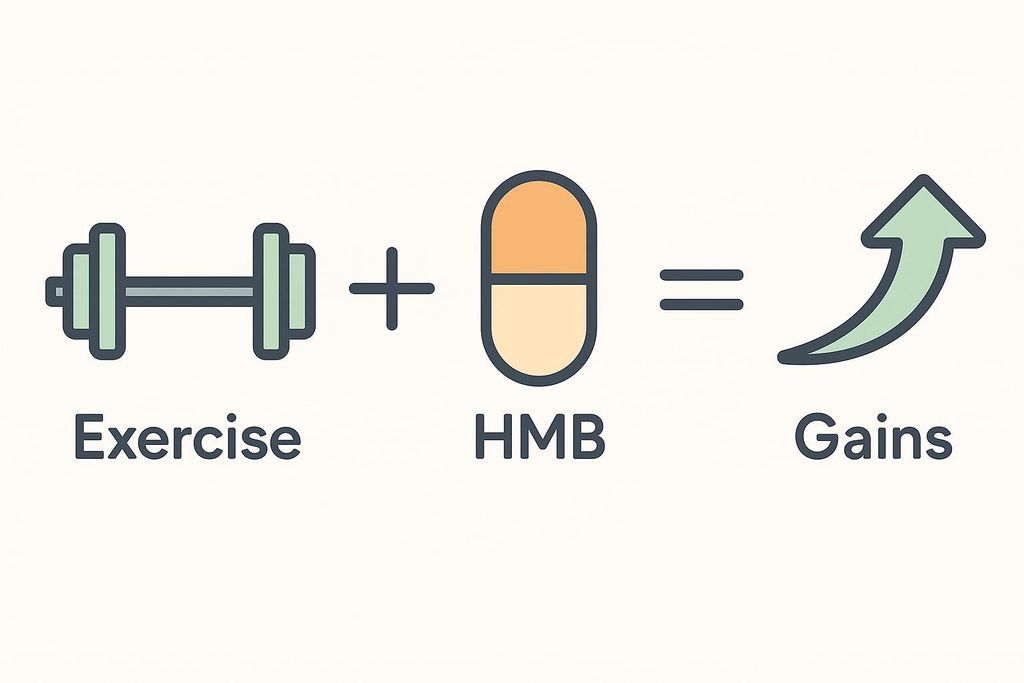 An infographic showing a dumbbell icon with the word 'Exercise' below it, followed by a plus sign. Next is a capsule icon with 'HMB' below it, then an equals sign, and finally an upward-curving arrow with 'Gains' below it. This illustrates that exercise combined with HMB leads to gains.