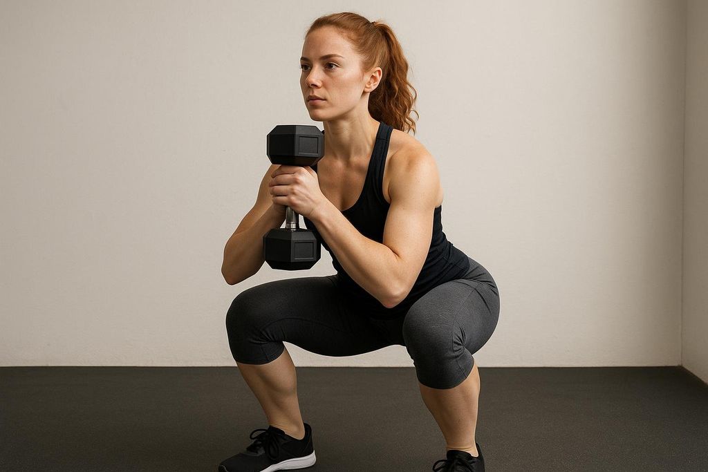 A woman is performing a goblet squat, holding a dumbbell at her chest.