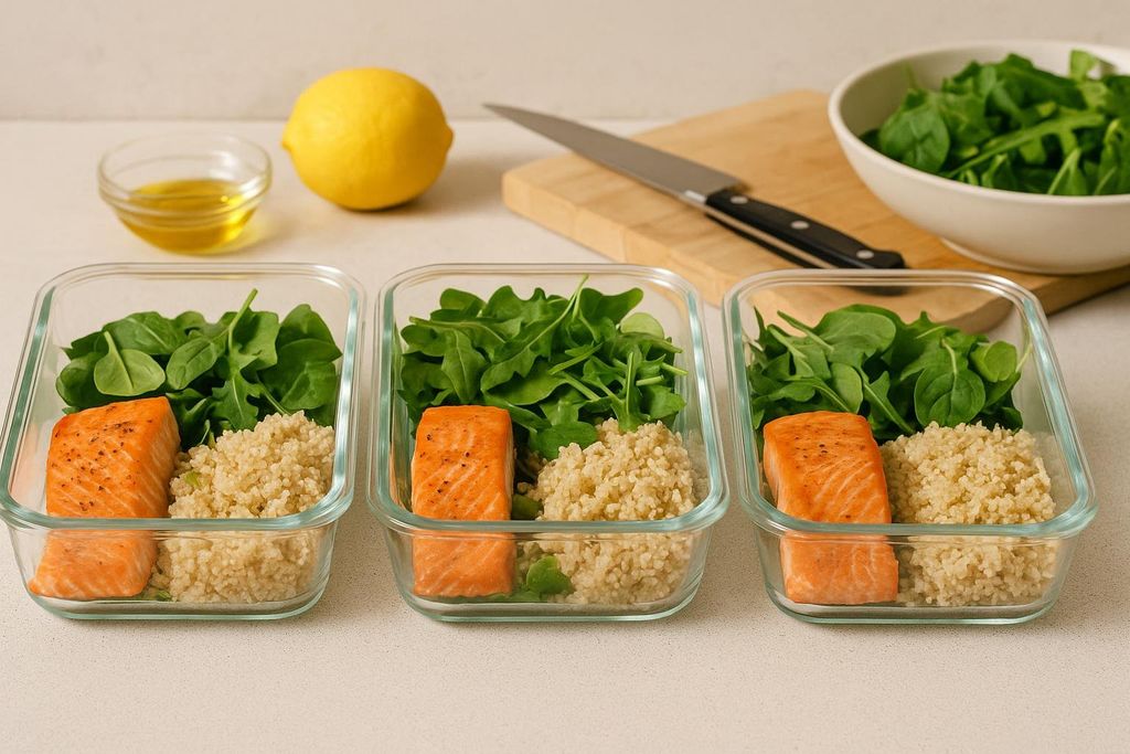 Three meal prep containers filled with cooked salmon, quinoa, and a mix of spinach and arugula. A lemon, a small bowl of oil, a knife on a cutting board, and a bowl of fresh greens are visible in the background.