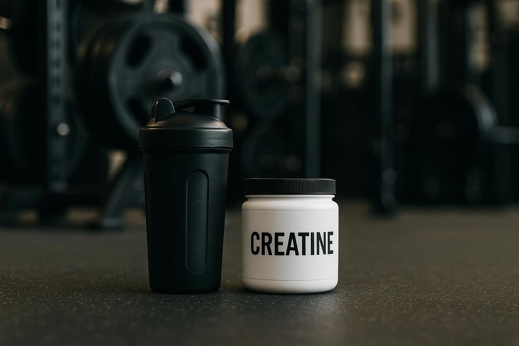 Gym shaker bottle and creatine tub on the floor