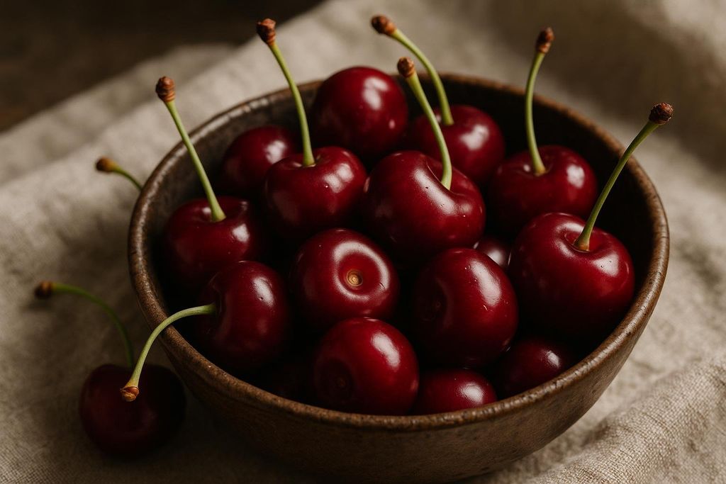 A close-up of fresh, dark red tart cherries with green stems in a rustic, dark wooden bowl, placed on a light beige linen cloth.