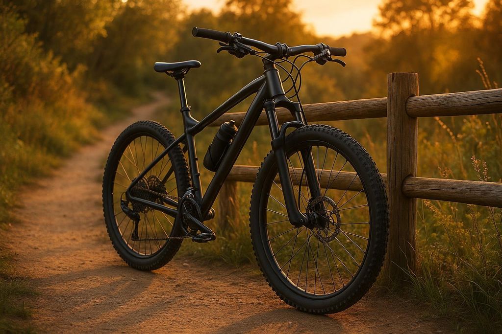 A high-quality mountain bike parked against a wooden fence on a sunny trail.