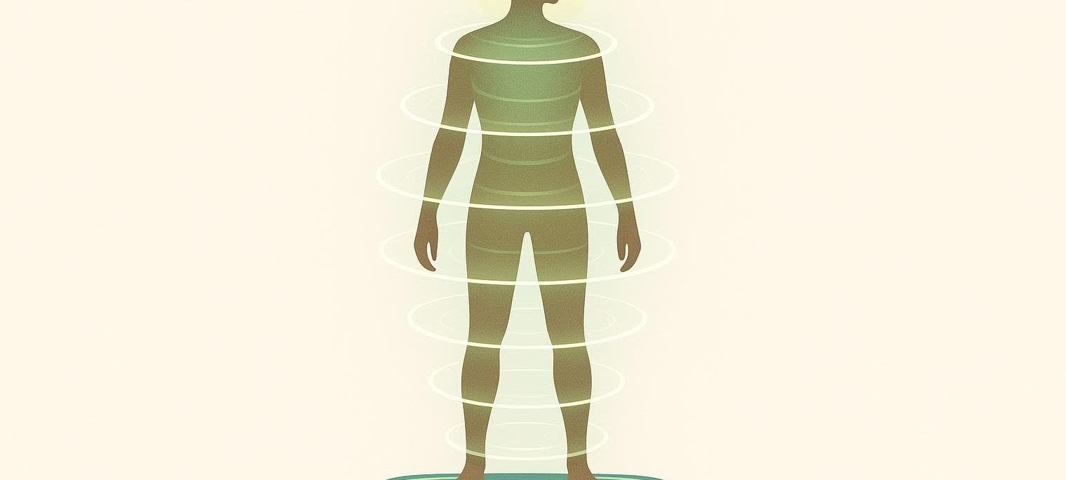 An illustration showing a human silhouette standing on a platform, with concentric vibrating rings emanating upwards through the body towards the head, depicting how vibrations stimulate muscles.