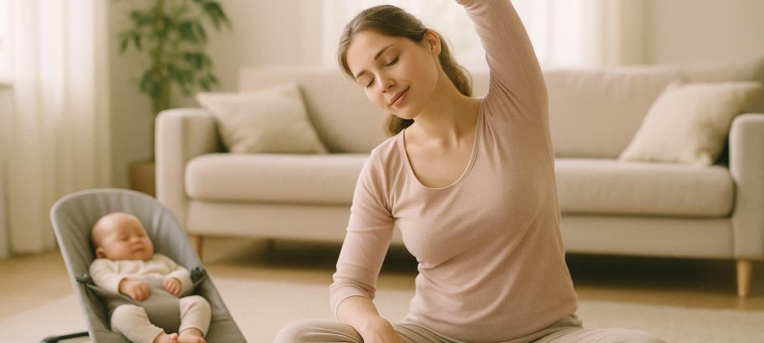 A young mother with her eyes closed does gentle stretching on the floor in her living room, while her baby sleeps peacefully in a bouncer seat next to her, indicating safe postpartum fitness.