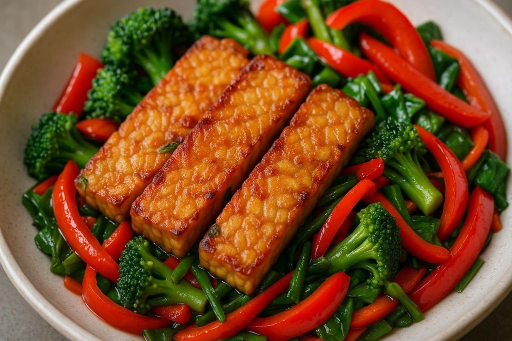 Slices of golden-brown pan-fried tempeh served in a colorful vegetable stir-fry with broccoli and red bell peppers.