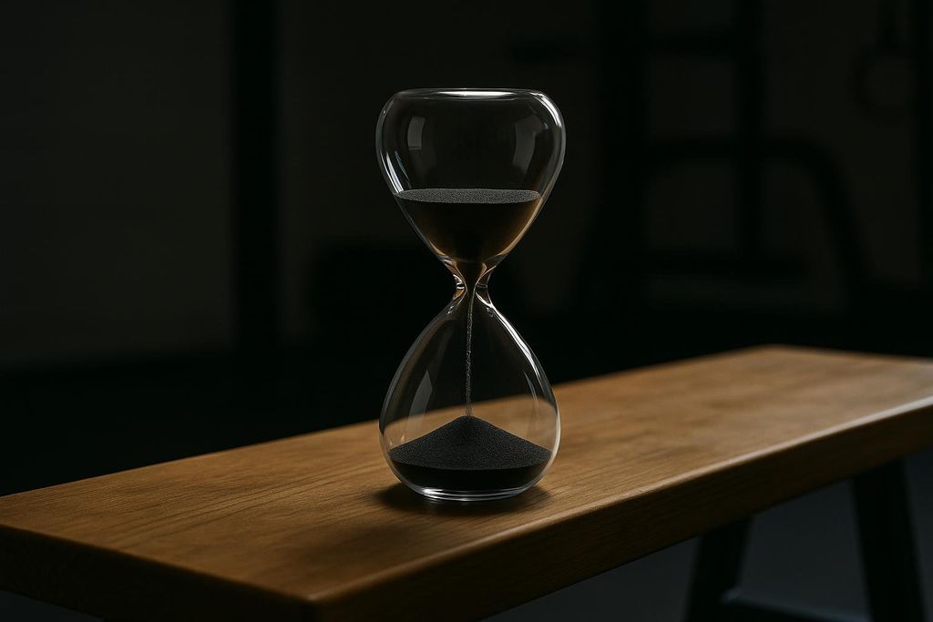 An elegant, modern hourglass with black sand, half-drained, rests on a warm-toned wooden bench. The background is dark and out of focus, highlighting the clean lines of the hourglass.