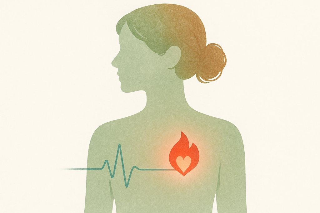 An illustration symbolizing a hot flash as a cardiometabolic vital sign, with a flame icon inside a woman's chest connected to an EKG line.