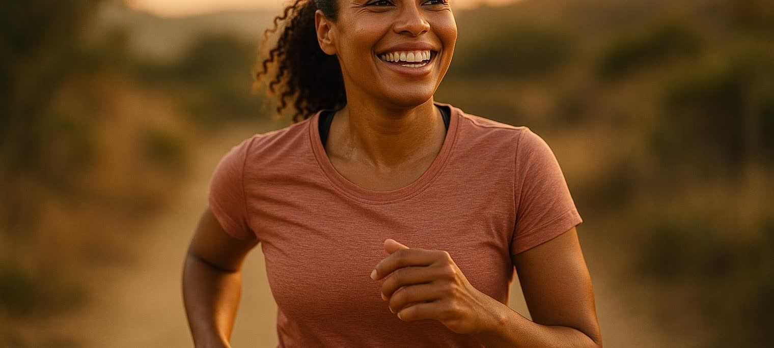 A smiling woman with curly hair runs on an outdoor trail during golden hour, wearing a peach-colored t-shirt.