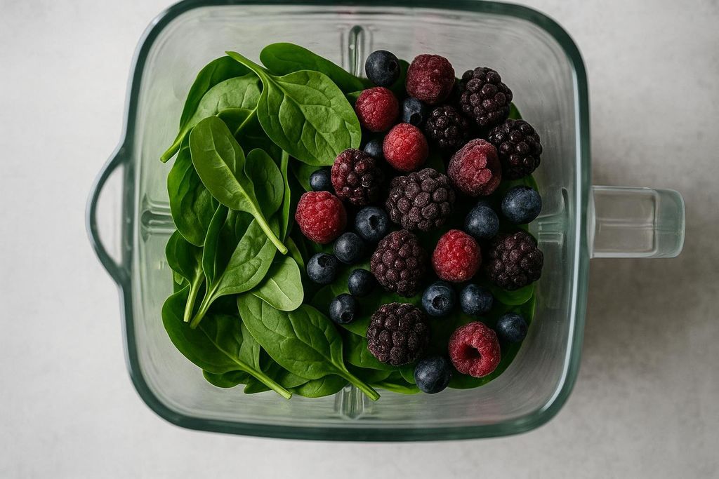 An overhead view of a blender filled with fresh green spinach, frozen raspberries, blackberries, and blueberries, all ready to be blended into a smoothie.