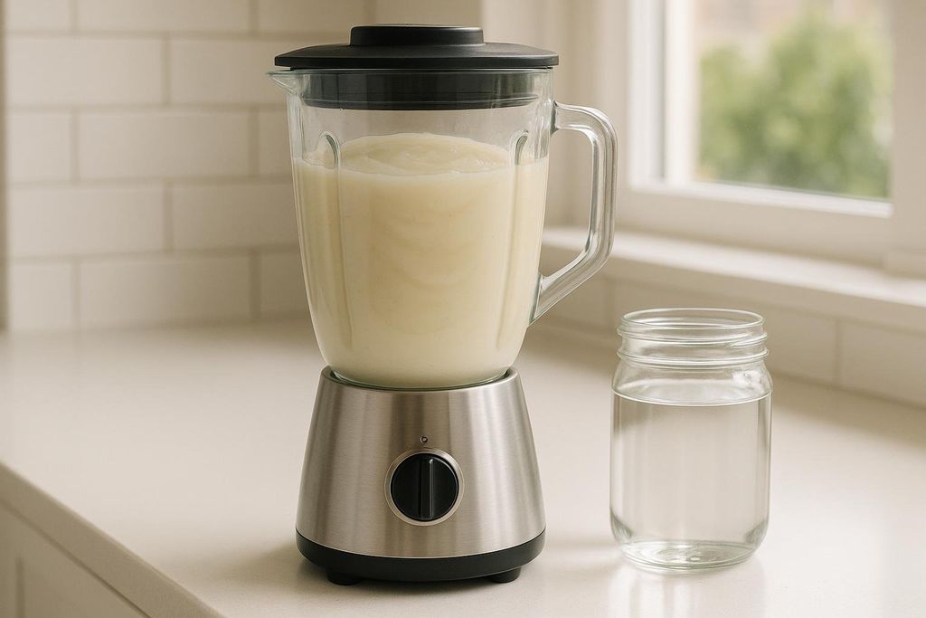 A blender filled with freshly made sea moss gel sits on a kitchen counter next to a glass jar filled with water. A window is visible in the background.